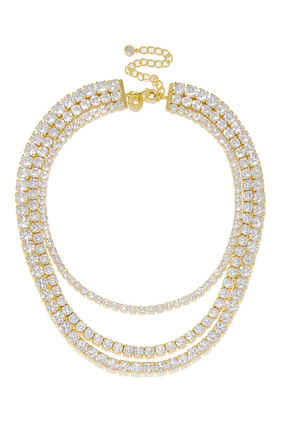 Three Row Layered Statement Necklace, Plated Brass & Cubic Zirconia